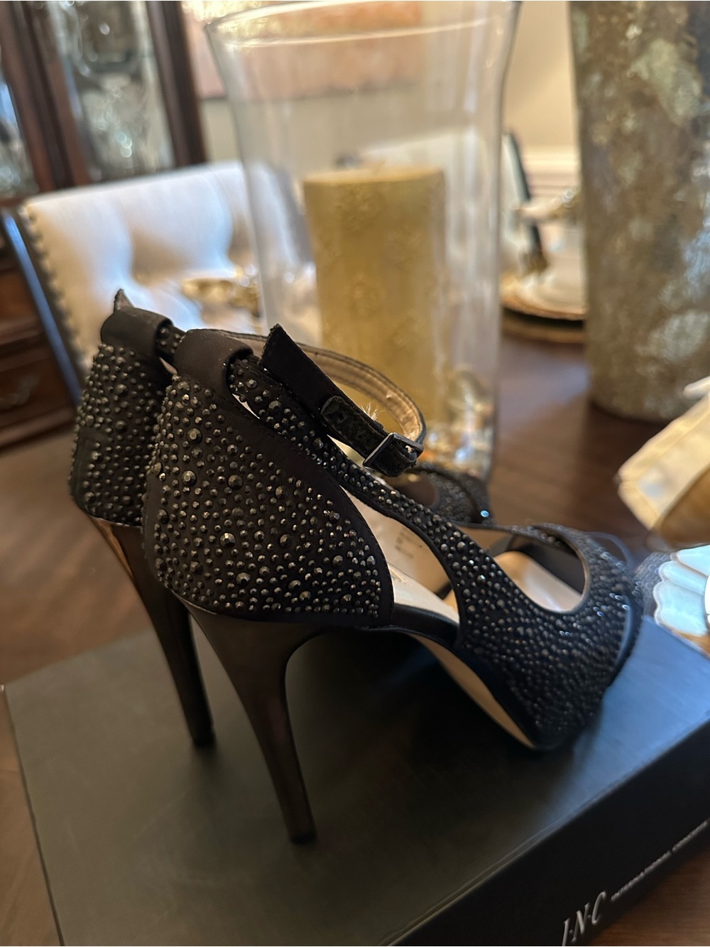 Slightly worn size 8 INC Women’s Black Crystal-Embellished High Heel Pumps